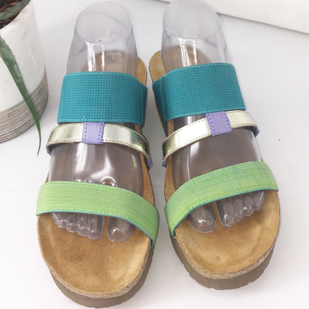 NAOT Teal Metallic and Aqua Strappy SlipOn Sandals